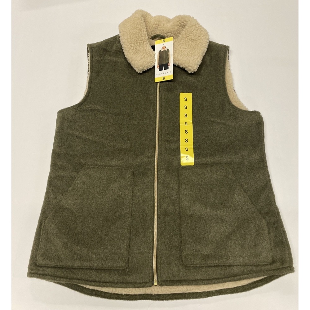 Sanctuary Womens Mixed Media Vest Olive Green Faux Sherpa Collar Small NEW